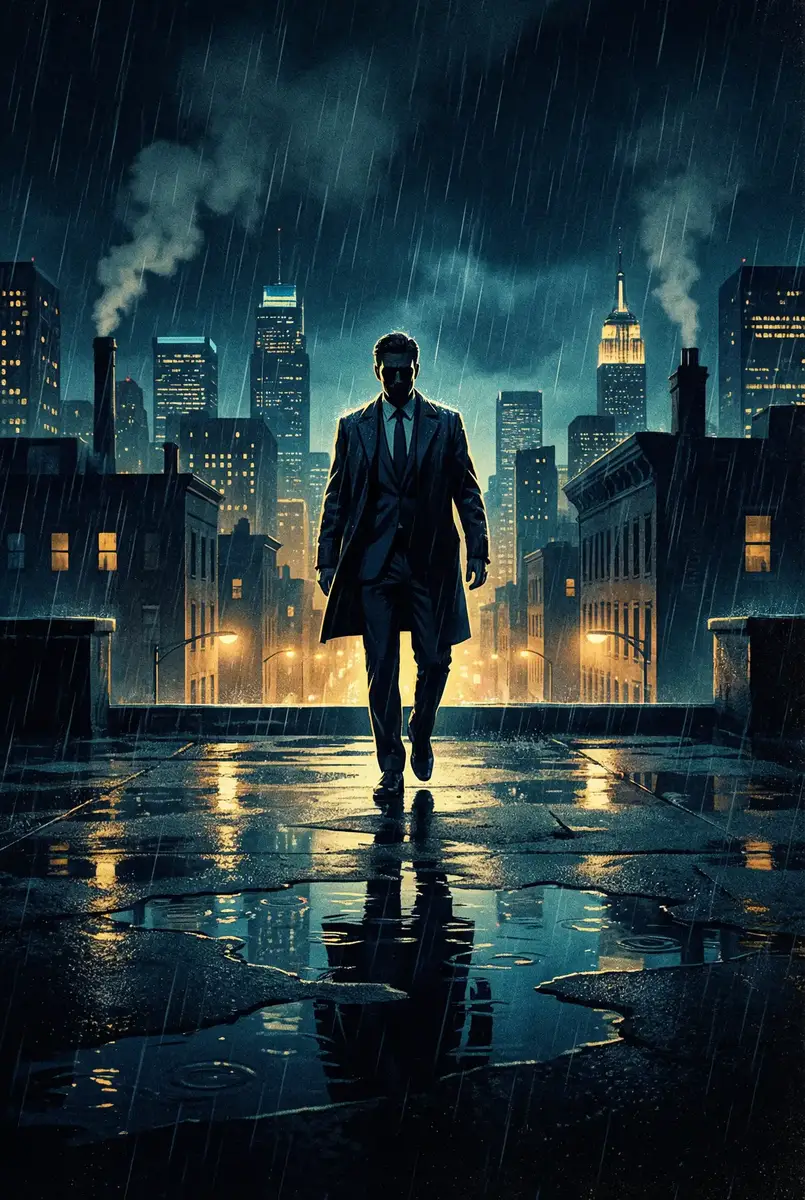 暖暖 免费 在线 播放 出品影片《雨夜独行者》海报，雨中城市屋顶男性剪影